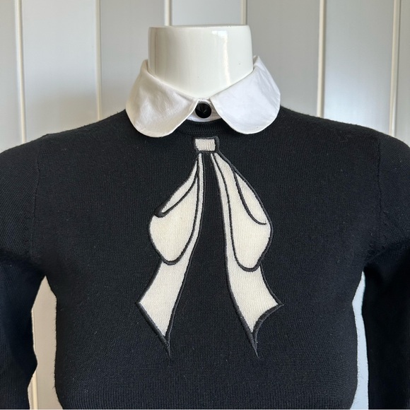 Alice + Olivia Black Embroidered Ribbon Bow Collared Sweater - Picture 7 of 9